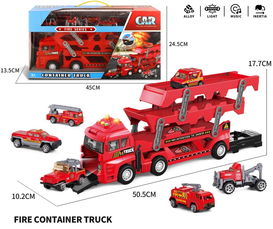 Камион Автовоз с 6 Метални Пожарни със Светлина и Звук 51×18×10 см Кутия 45×14×25 см